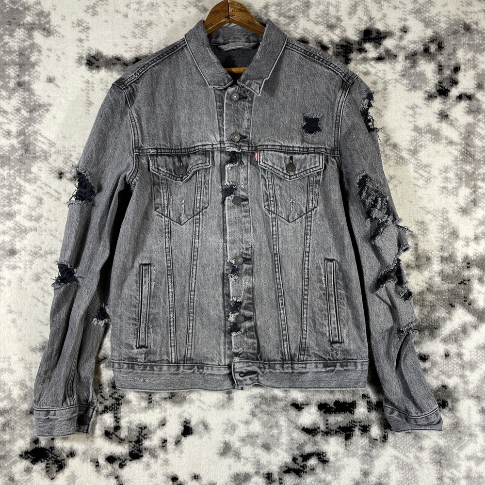 Levis Denim Jacket Mens Size Medium Light Wash Gray Destroyed Grunge Skater